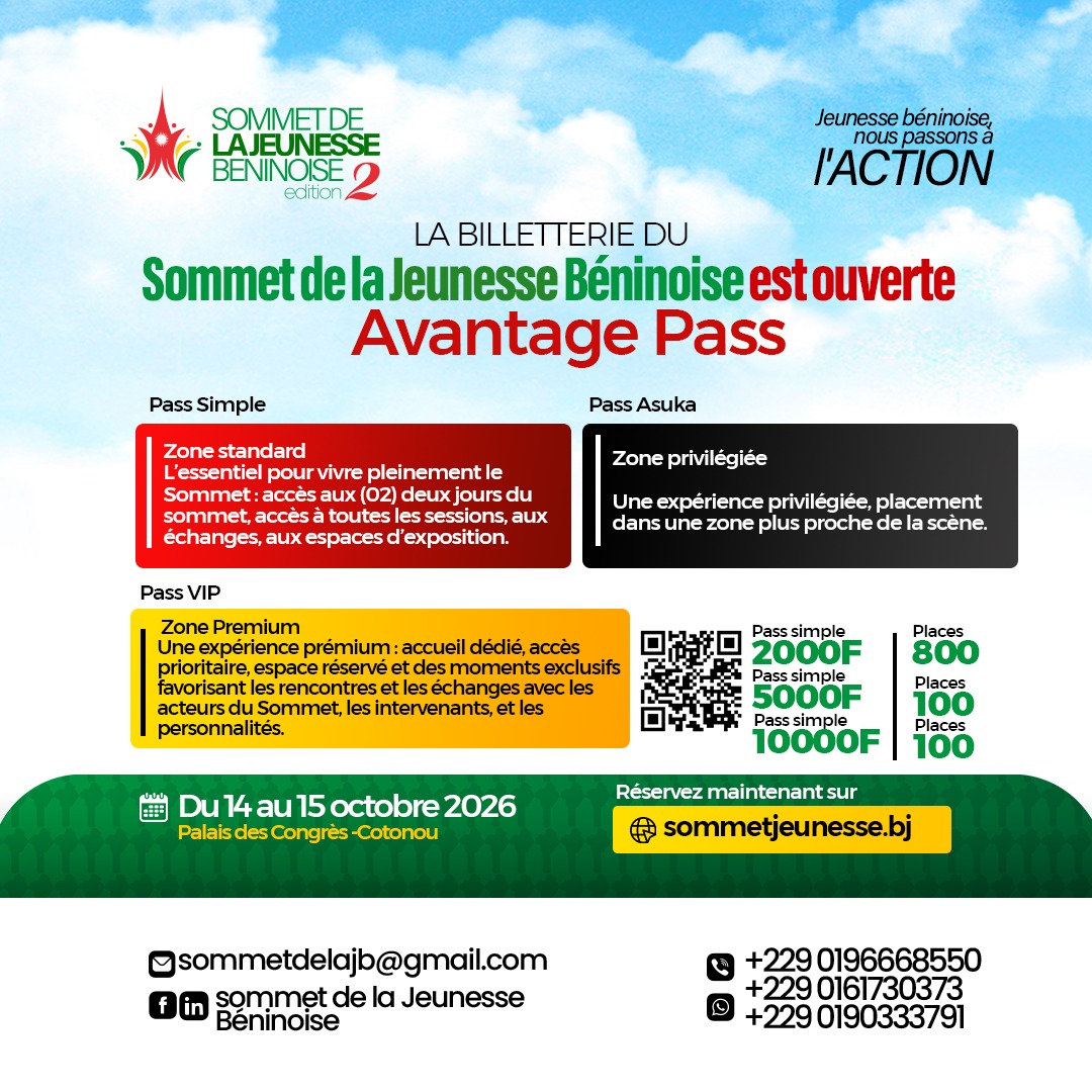 Affiche officielle présentant les avantages des Pass Simple, Asuka et VIP du Sommet de la Jeunesse Béninoise